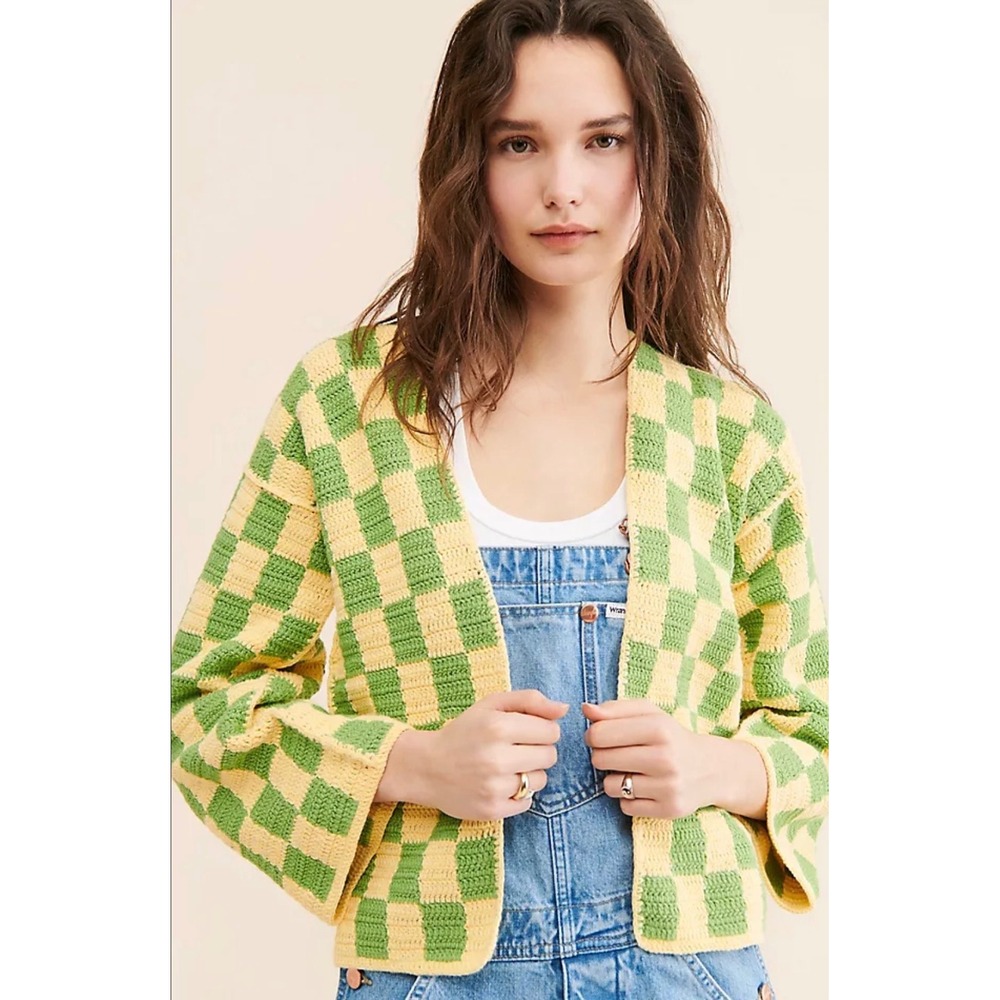 Anthropologie x Society Mano Slouchy Cardigan Checkered Green Yellow XS NWT